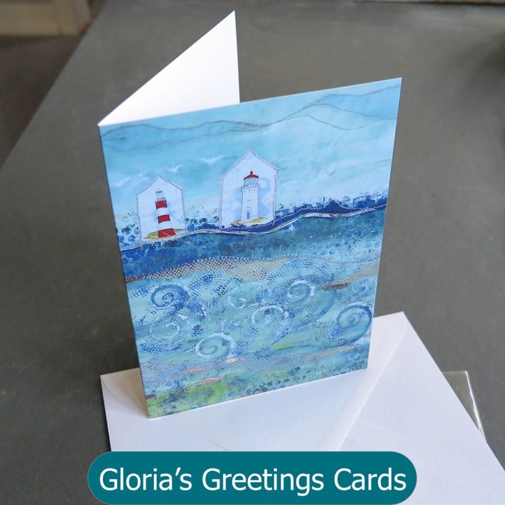 Gloria's Greetings Cards - this example called "The Tide is High" depicts one of her favourite textile pieces.